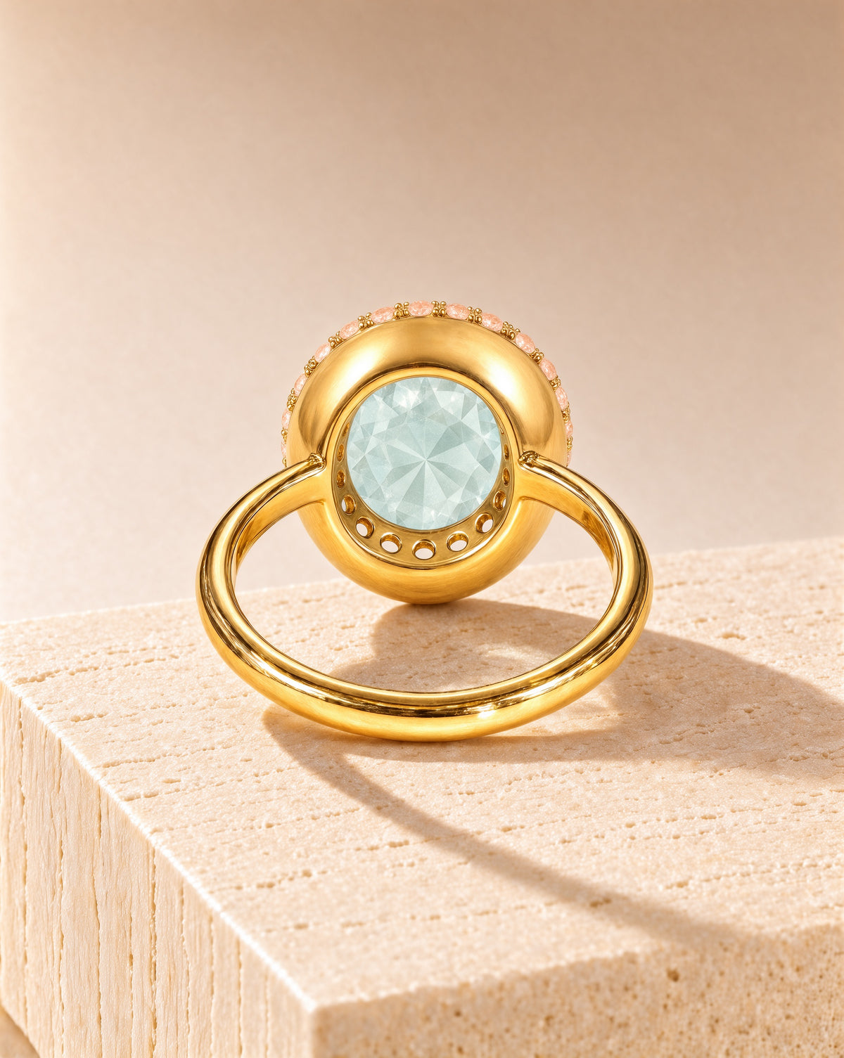 Core Paraiba Halo Ring back view of the round open 18K yellow gold gallery under the Paraiba centre stone – DONYDO