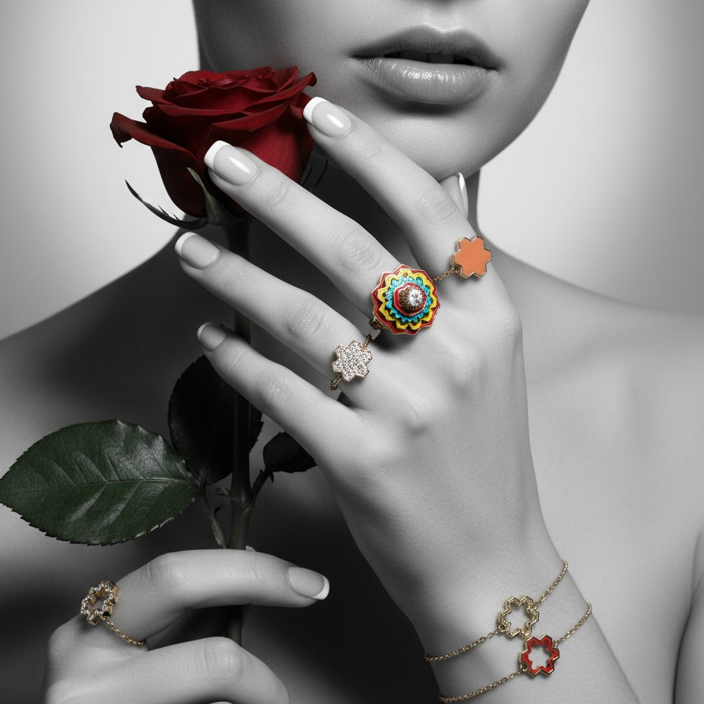Close-up of a hand holding a red rose with aurora donydo colorful rings on fingers and a bracelet on wrist.
