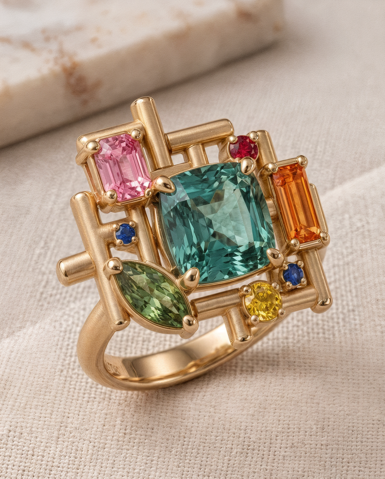 Mosaico Ring in 18K yellow gold with a cushion-cut Lagoon tourmaline and sapphires | DONYDO Mosaico Collection