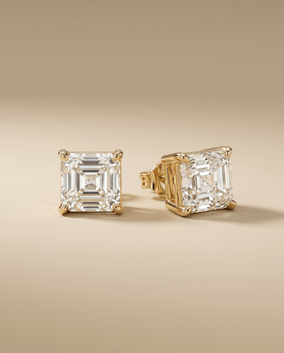 2 Carat Asscher Cut Lab - Grown Diamond Solitaire Earrings – 14K Yellow Gold - DONYDO JEWELRY - Earrings