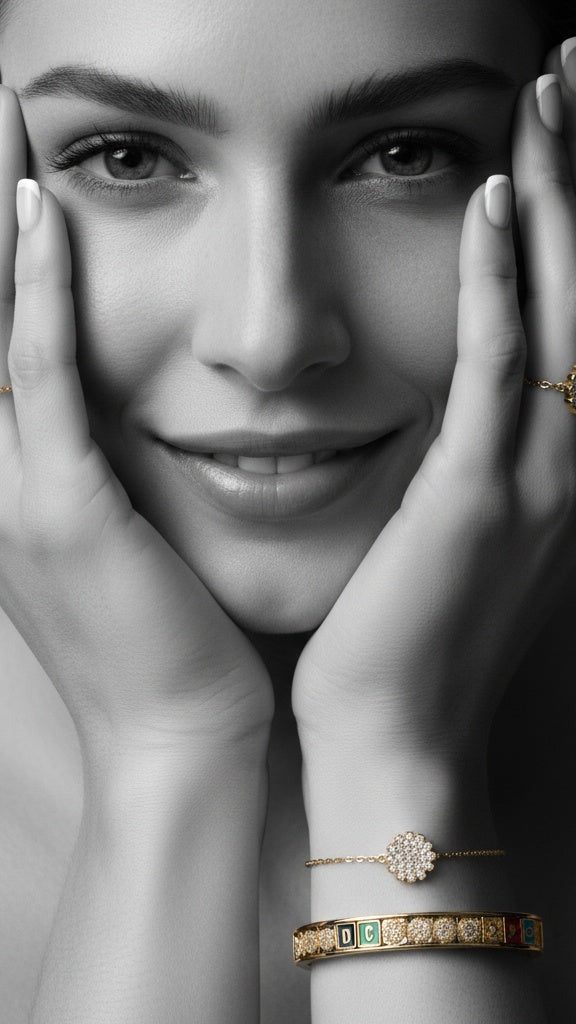 Woman wearing gold jewelry including rings and a bracelet on a neutral background
