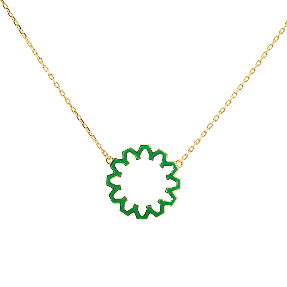 Reverse side of Grace Necklace from the Aura Collection featuring green enamel