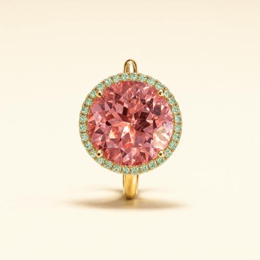 Core Padparadscha Halo Ring – Lab-Grown Padparadscha & Paraiba, 18K Yellow Gold - DONYDO JEWELRY-Ring