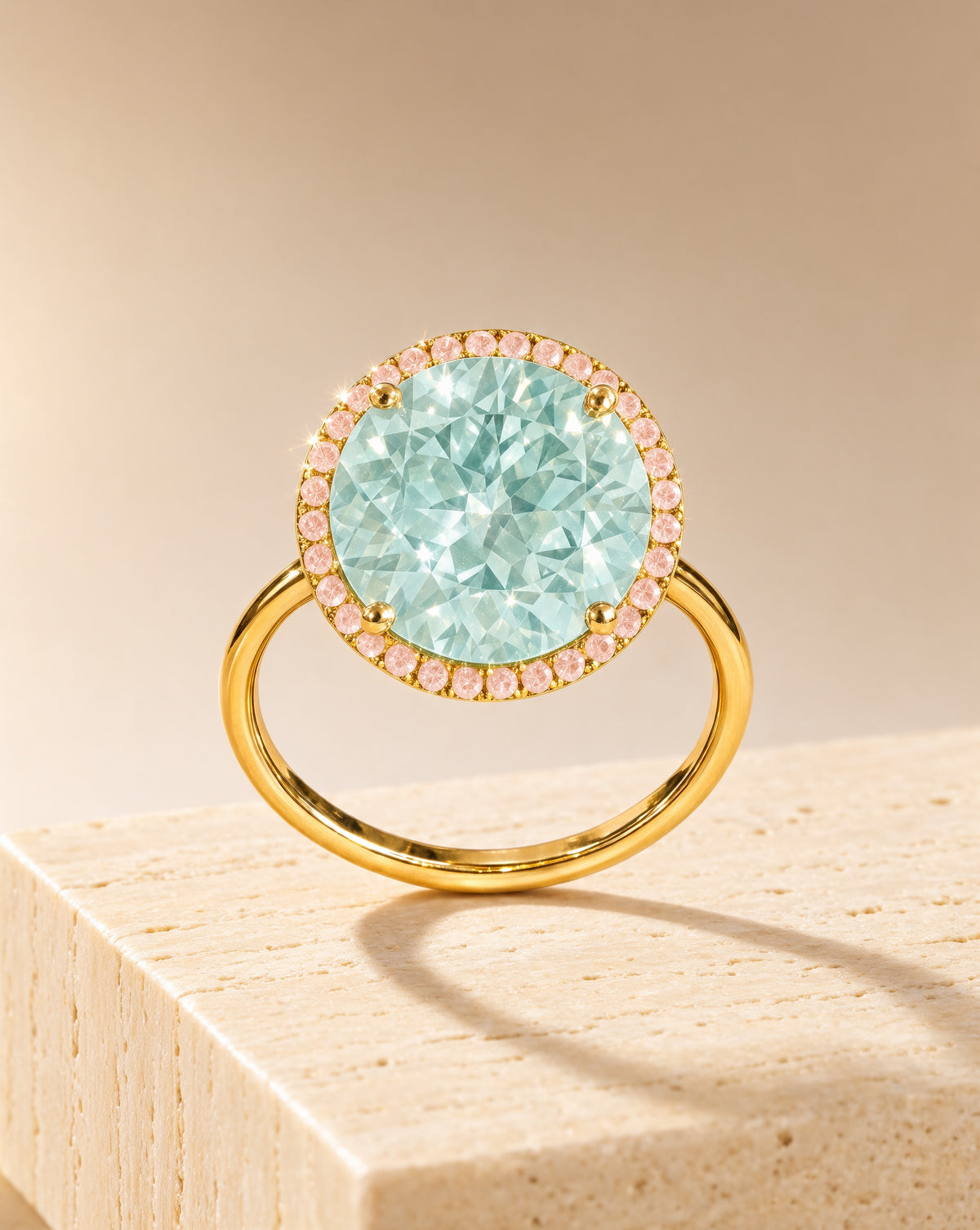 Core Paraiba Halo Ring front still life: 12 mm lab-grown Paraiba centre framed by a padparadscha halo in 18K yellow gold on cream stone – DONYDO