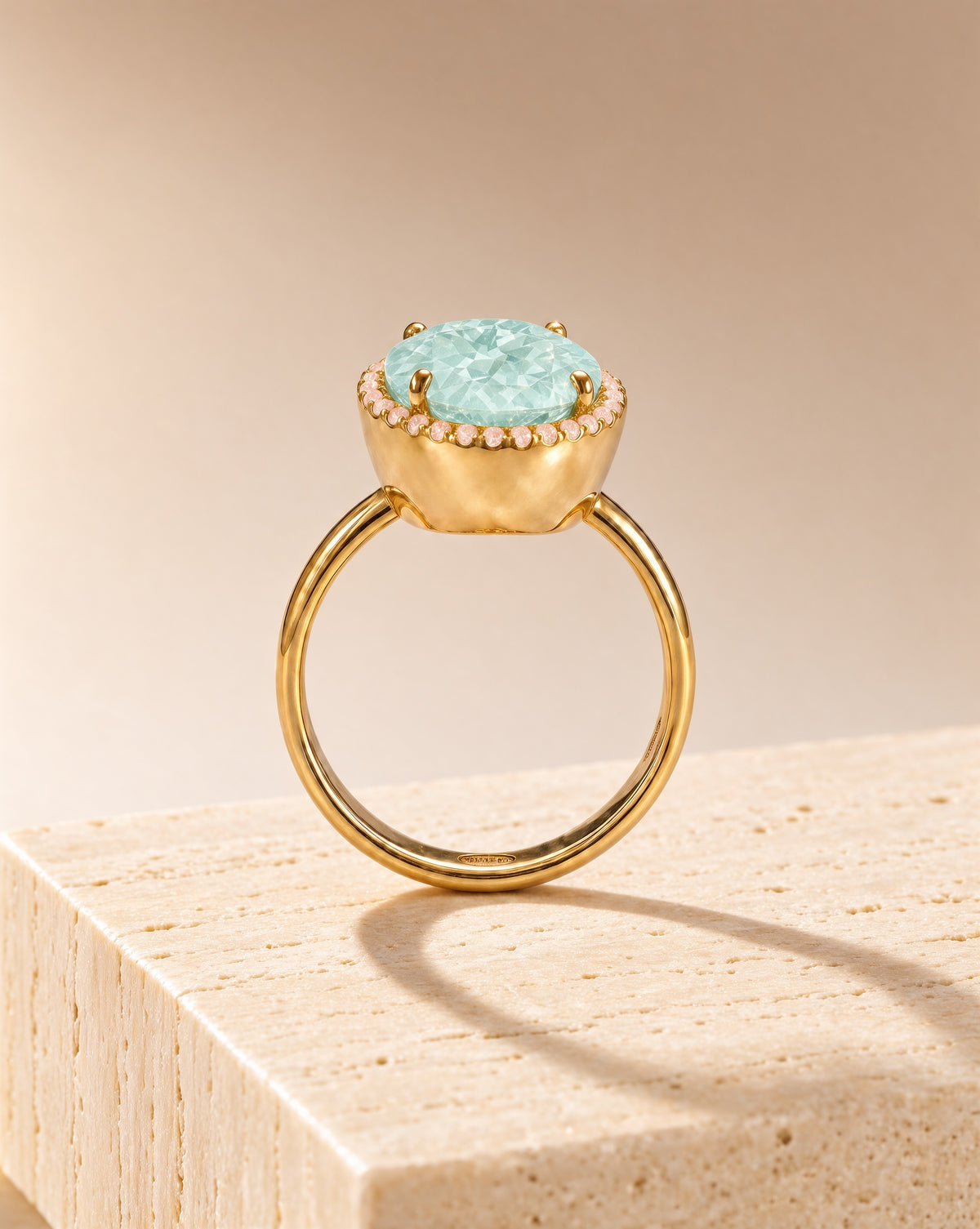 Core Paraiba Halo Ring side profile showing the raised padparadscha halo and slim 18K yellow gold band – DONYDO