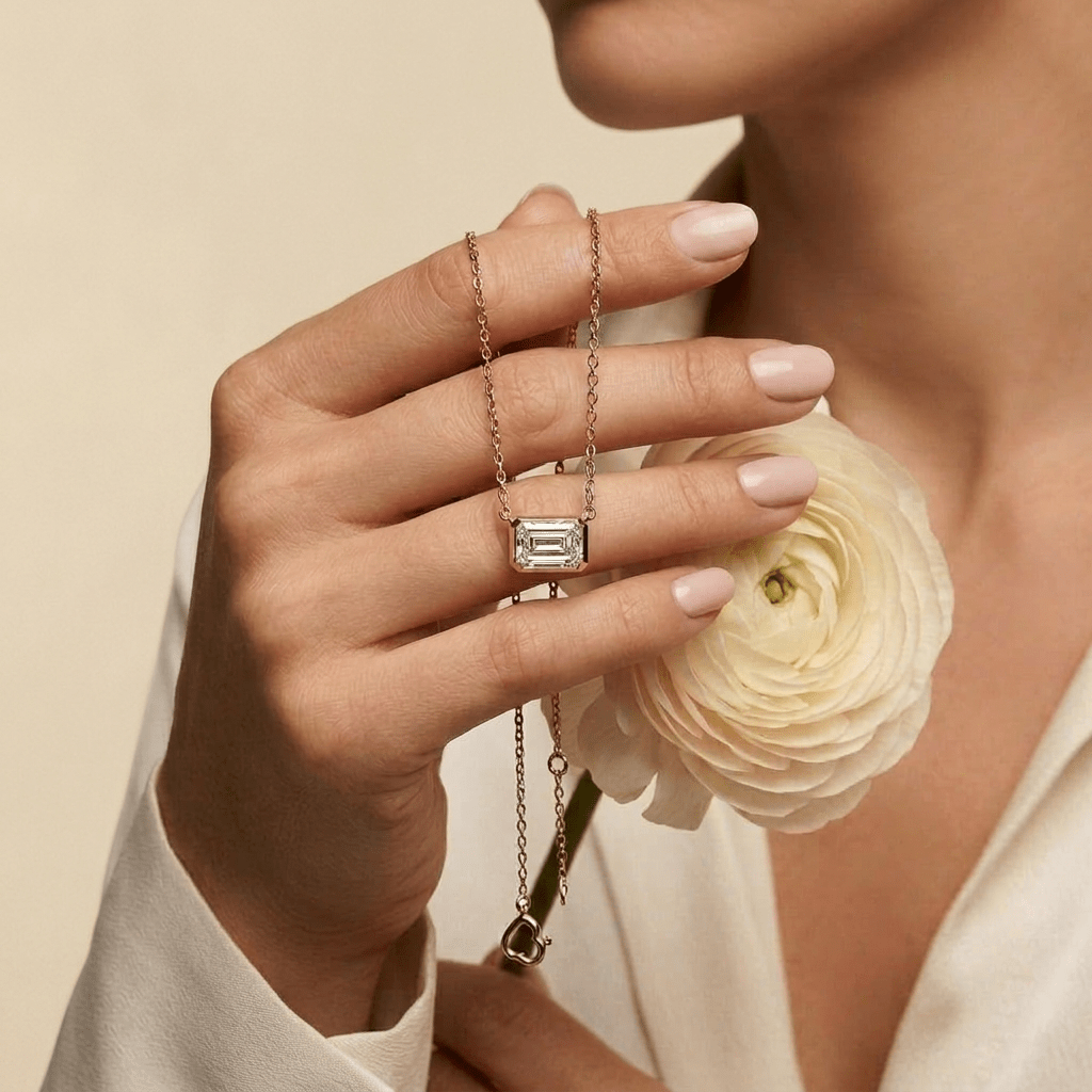 Emerald Cut Lab - Grown Diamond Necklace – Half Bezel Setting in 18K Gold - DONYDO JEWELRY - 