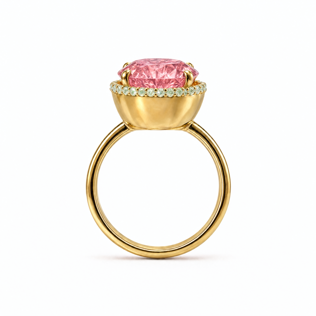 Core Padparadscha Halo Ring side view showing the polished 18K yellow gold basket and slim band – DONYDO