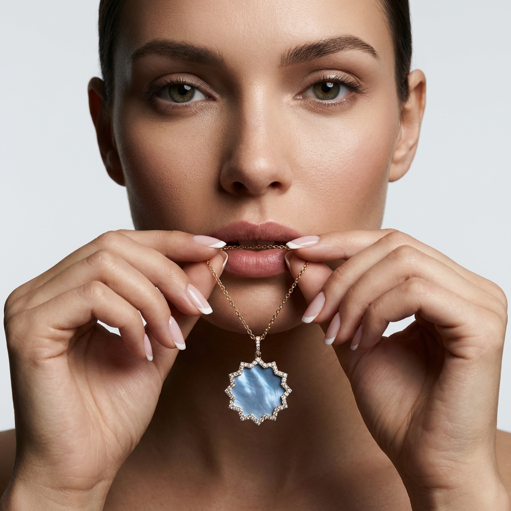 Portrait of a model with the ORA 30 pendant with blue mother-of-pearl disc | DONYDO Jewelry
