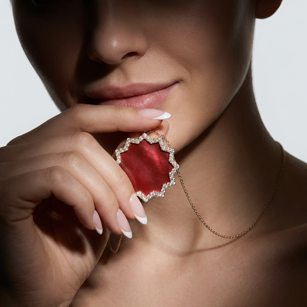Model holding the ORA 30 pendant with red mother-of-pearl disc and diamond frame | DONYDO Jewelry