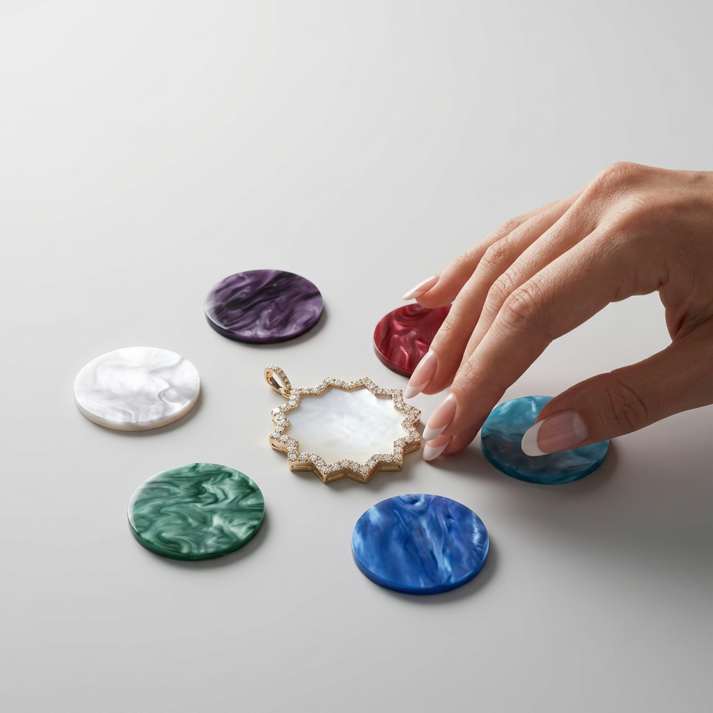 ORA 30 – coloured mother-of-pearl discs around the pendant with the natural white disc | DONYDO Jewelry
