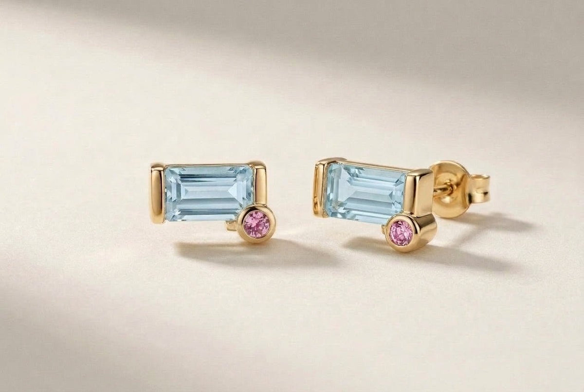 Tessere Earrings – Aquamarine & Pink Sapphire, 18K Gold - DONYDO JEWELRY-Earrings