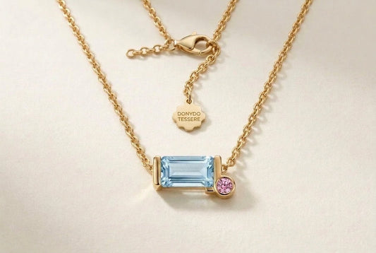 Tessere necklace in 18K gold, full chain with aquamarine and pink sapphire pendant – DONYDO